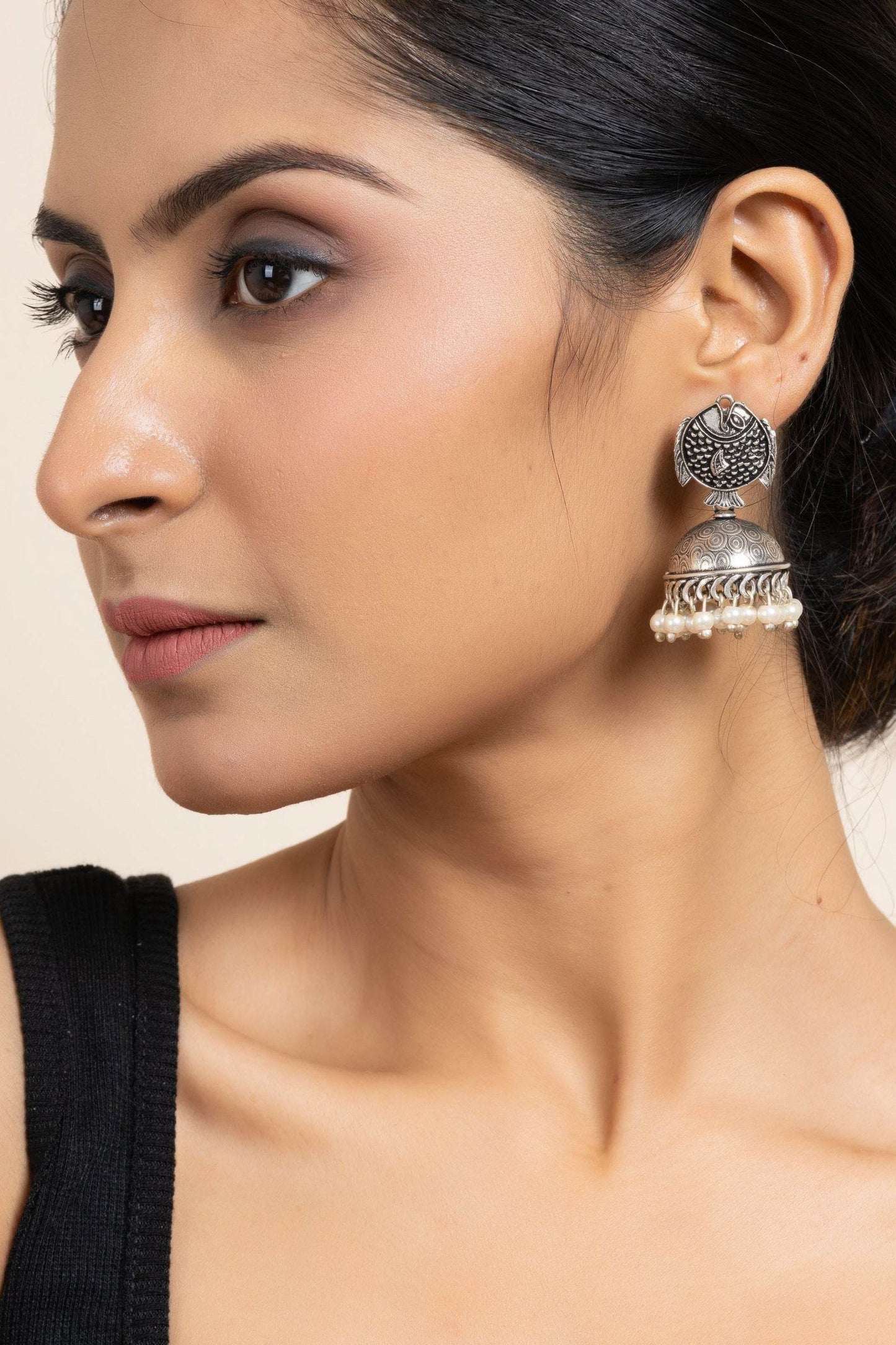 Handmade German Silver Fish Stud Jhumka Earrings with Faux Pearl & Oxidized Finish - Lookandadorn.com