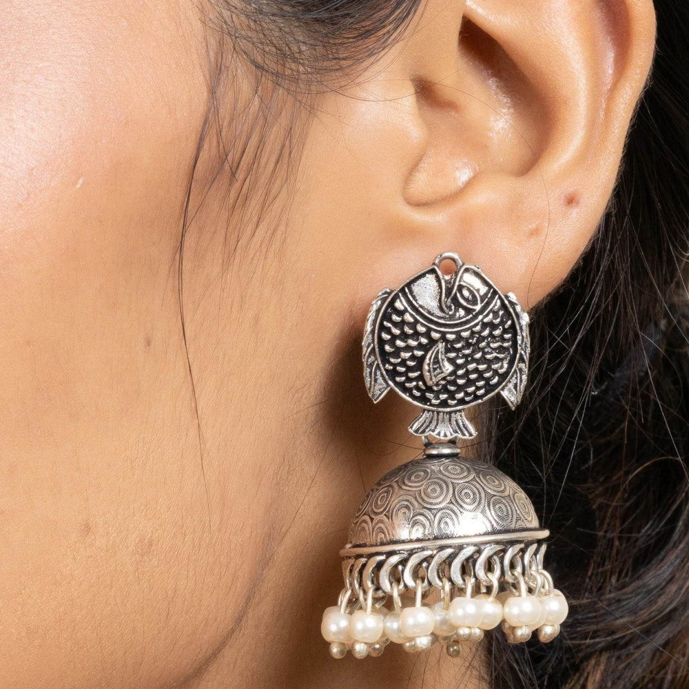Handmade German Silver Fish Stud Jhumka Earrings with Faux Pearl & Oxidized Finish - Lookandadorn.com