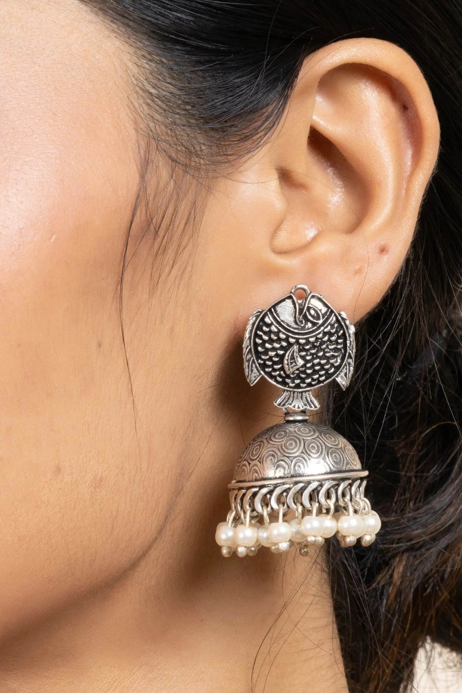 Handmade German Silver Fish Stud Jhumka Earrings with Faux Pearl & Oxidized Finish - Lookandadorn.com