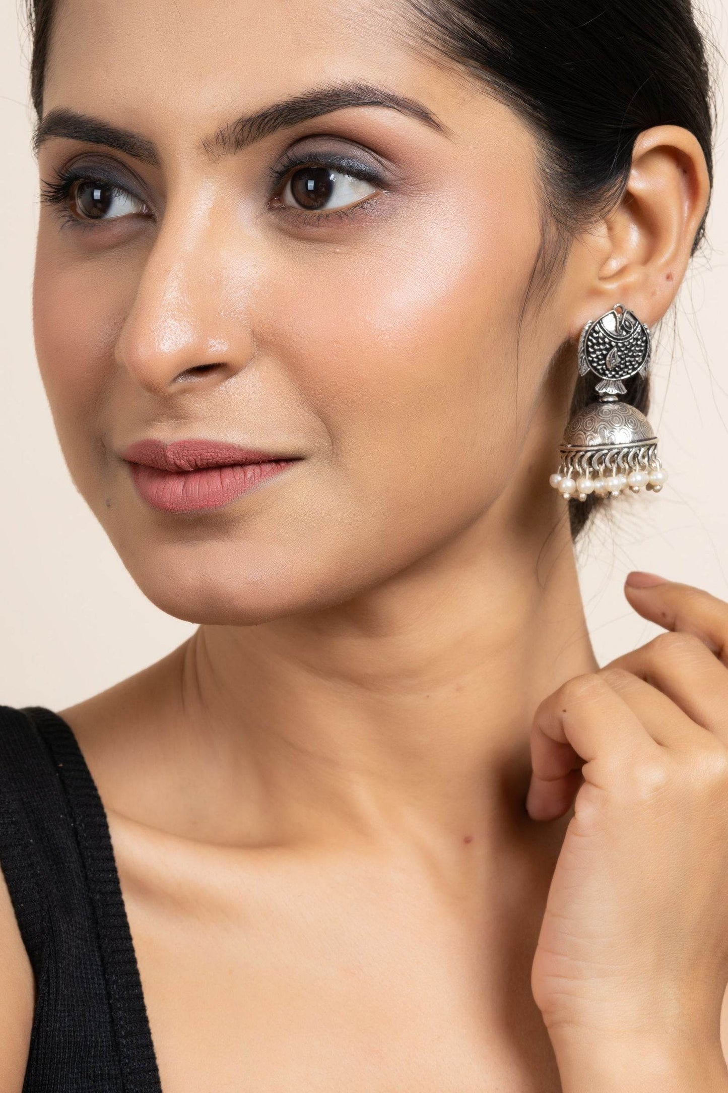 Handmade German Silver Fish Stud Jhumka Earrings with Faux Pearl & Oxidized Finish - Lookandadorn.com