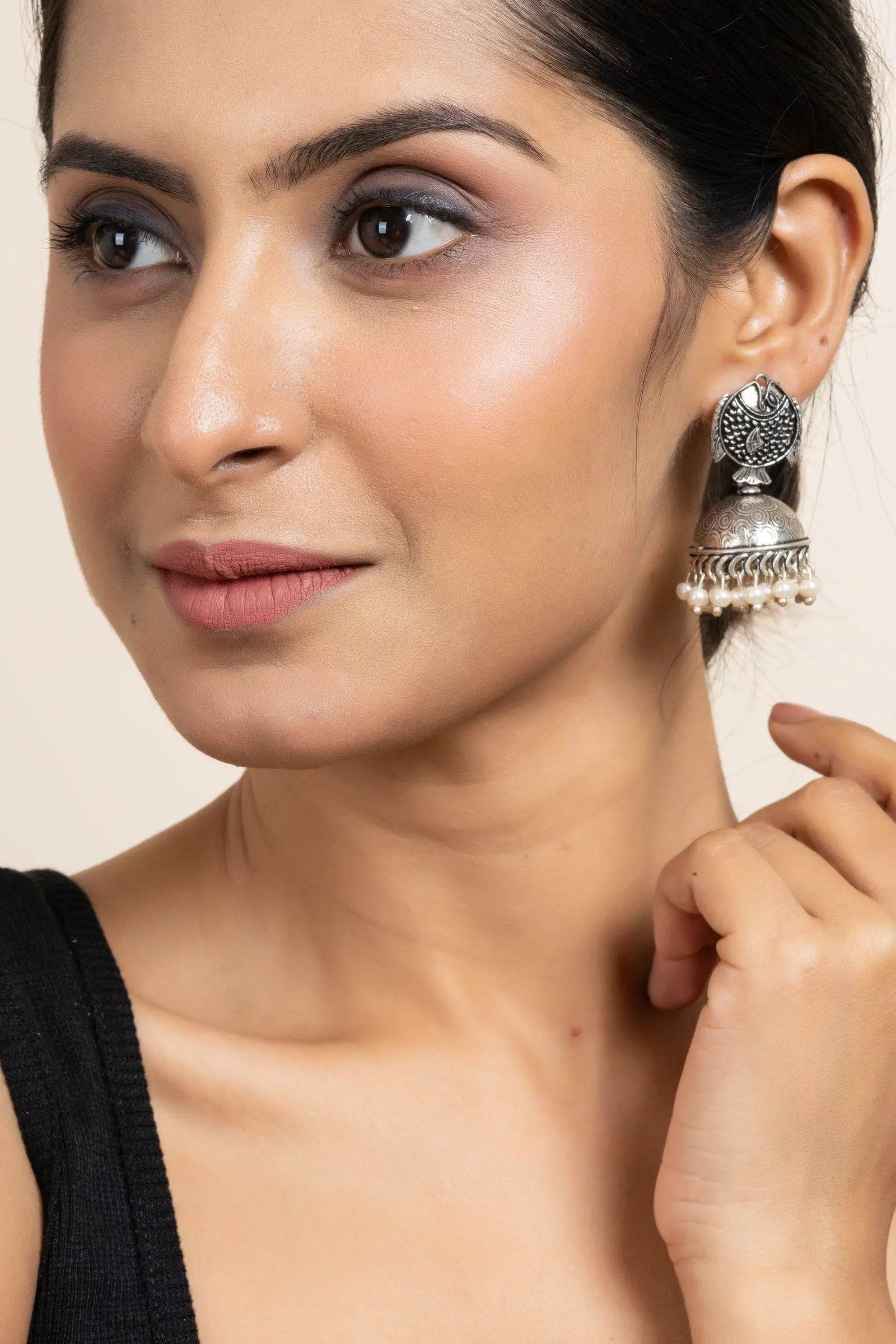 Handmade German Silver Fish Stud Jhumka Earrings with Faux Pearl & Oxidized Finish - Lookandadorn.com