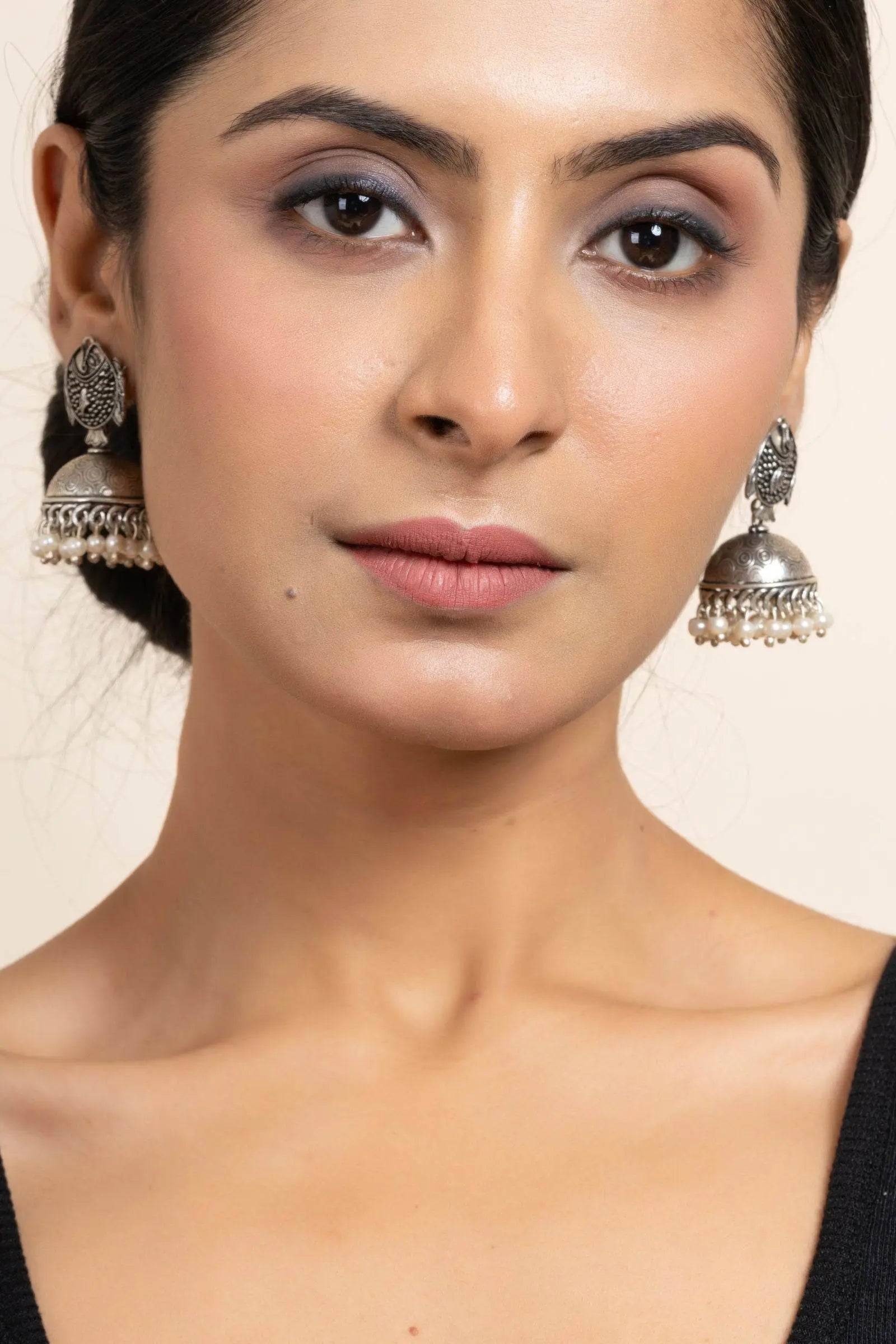 Handmade German Silver Fish Stud Jhumka Earrings with Faux Pearl & Oxidized Finish - Lookandadorn.com