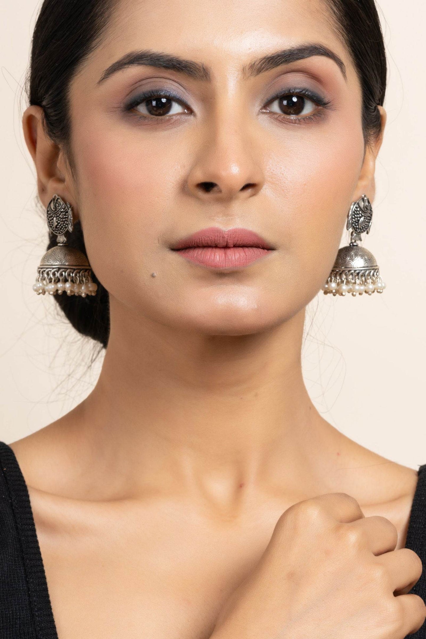 Handmade German Silver Fish Stud Jhumka Earrings with Faux Pearl & Oxidized Finish - Lookandadorn.com