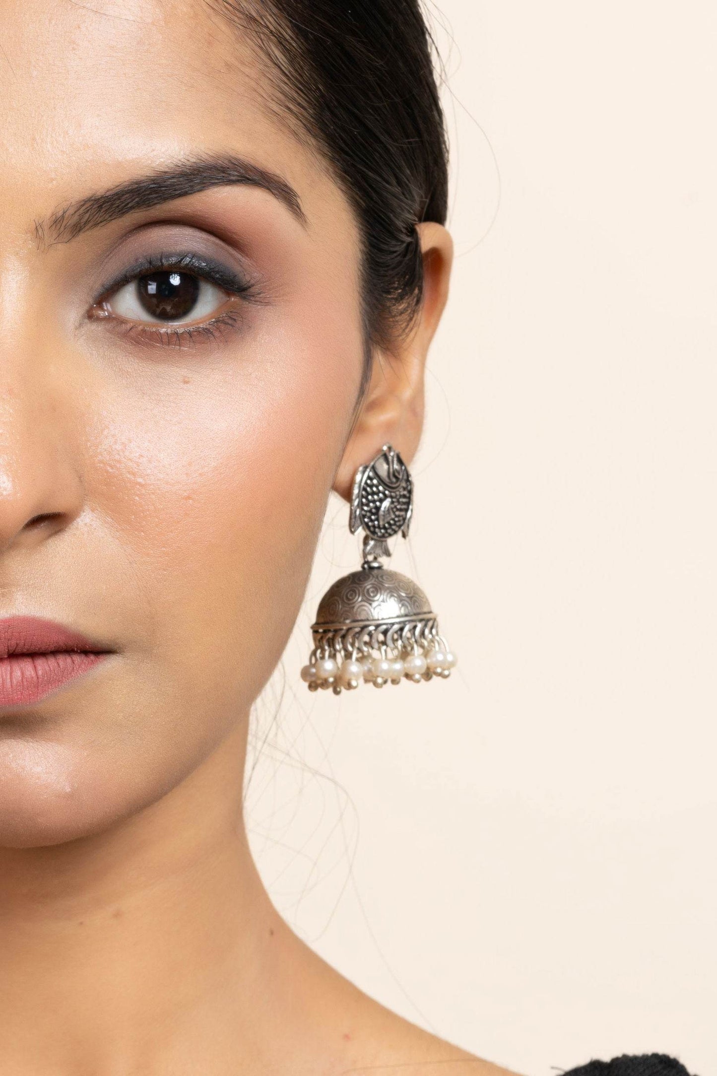 Handmade German Silver Fish Stud Jhumka Earrings with Faux Pearl & Oxidized Finish - Lookandadorn.com