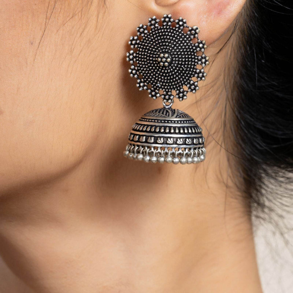 Handmade Designer German Silver Floral Stud Jhumka Earrings - Lightweight, Oxidized Finish, Perfect for All Occasions - Lookandadorn.com