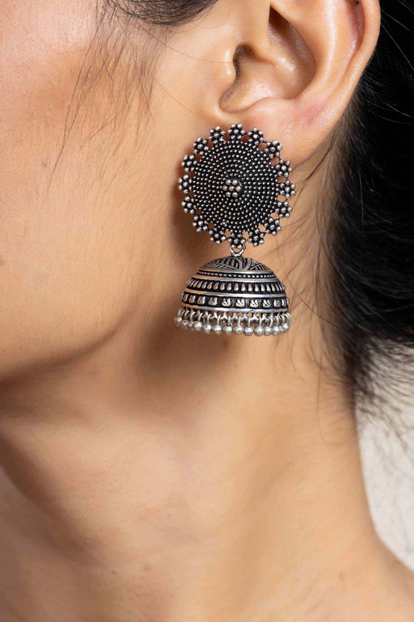 Handmade Designer German Silver Floral Stud Jhumka Earrings - Lightweight, Oxidized Finish, Perfect for All Occasions - Lookandadorn.com