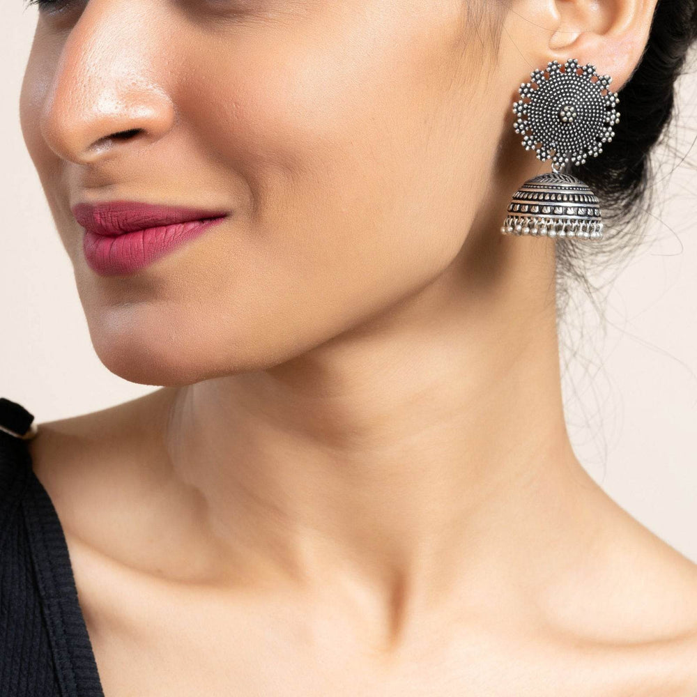 Handmade Designer German Silver Floral Stud Jhumka Earrings - Lightweight, Oxidized Finish, Perfect for All Occasions - Lookandadorn.com