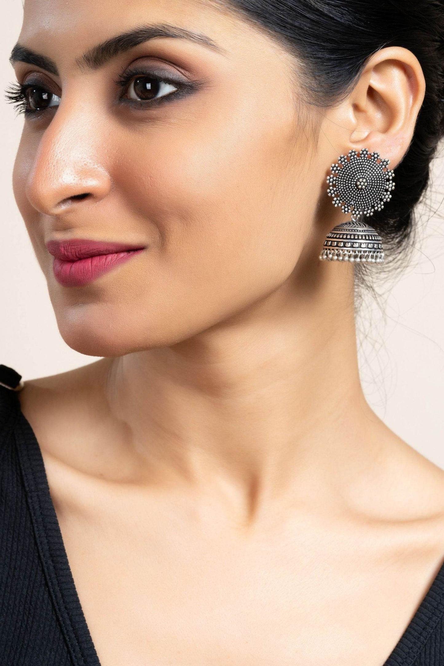 Handmade Designer German Silver Floral Stud Jhumka Earrings - Lightweight, Oxidized Finish, Perfect for All Occasions - Lookandadorn.com