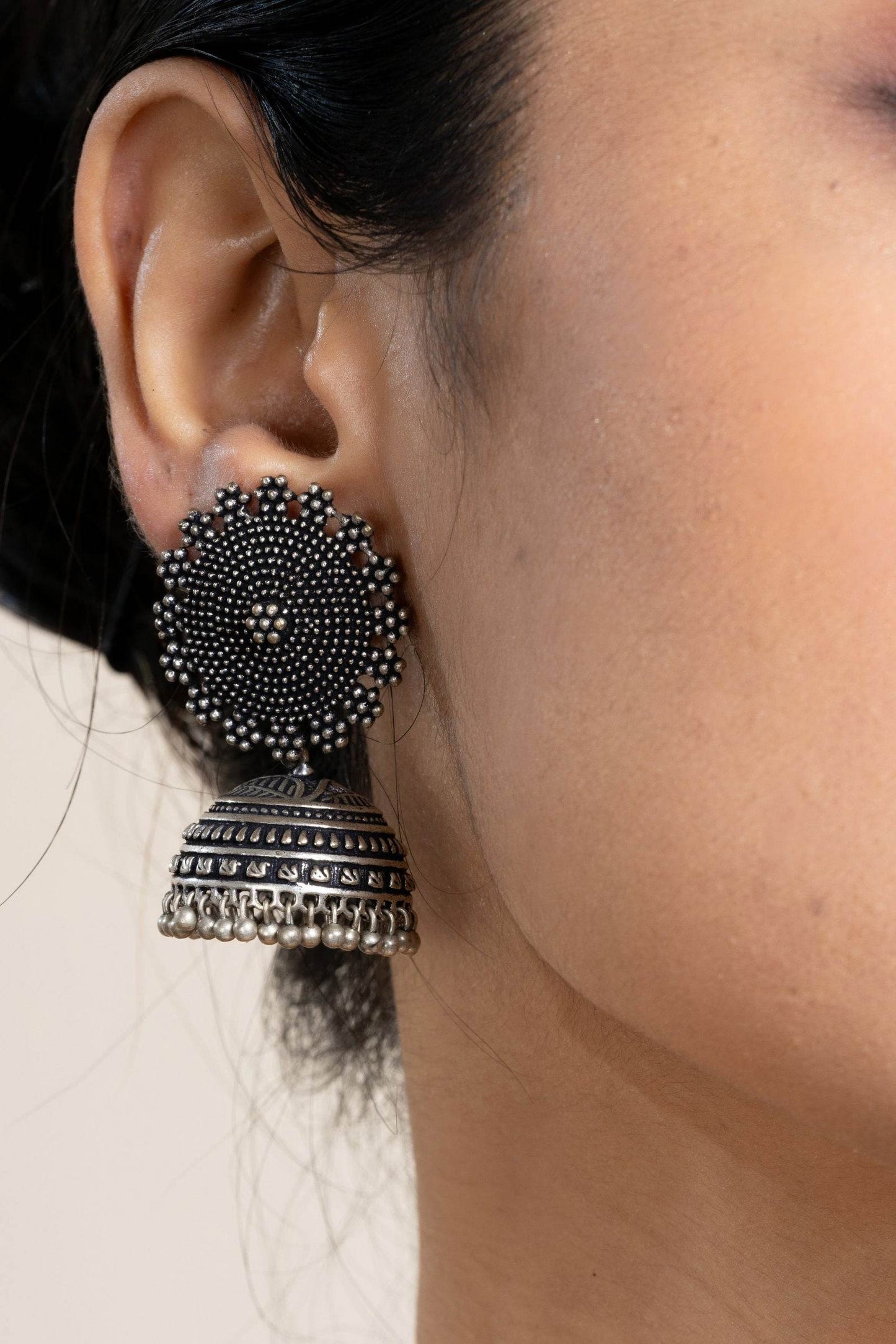 Handmade Designer German Silver Floral Stud Jhumka Earrings - Lightweight, Oxidized Finish, Perfect for All Occasions - Lookandadorn.com