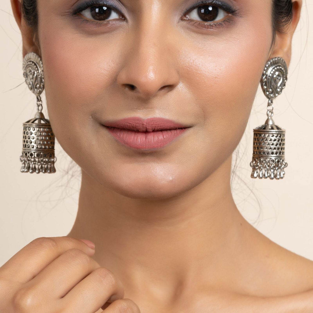 Elegant German Silver Floral Stud Designer Jhumka Earrings - Handmade & Oxidized Finish - Lookandadorn.com