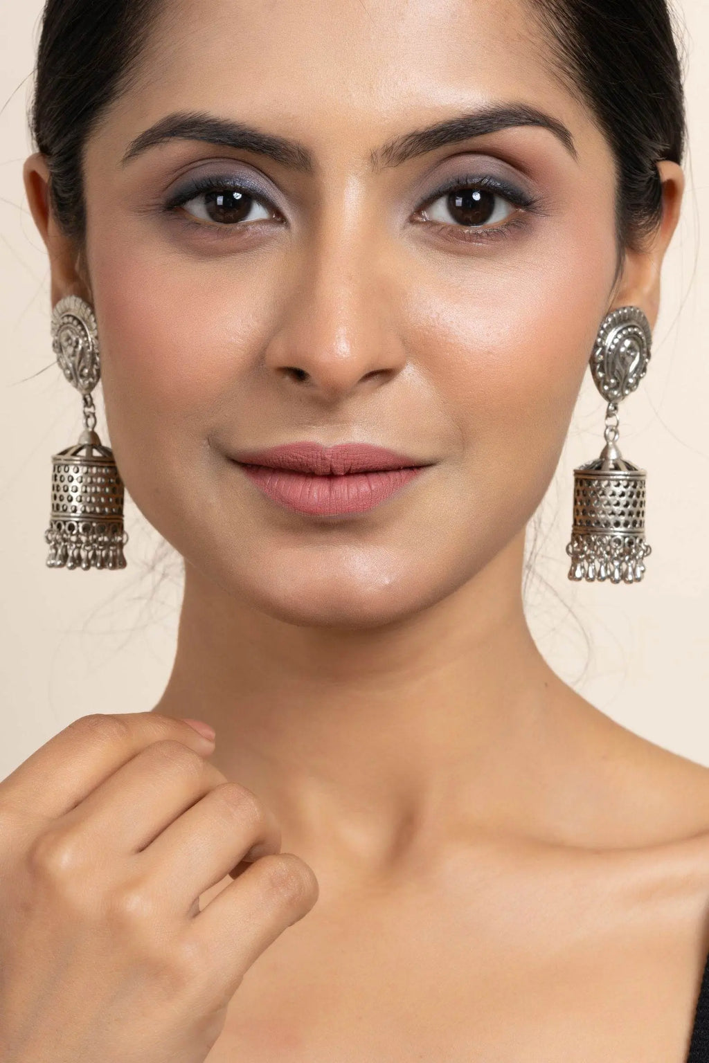 Elegant German Silver Floral Stud Designer Jhumka Earrings