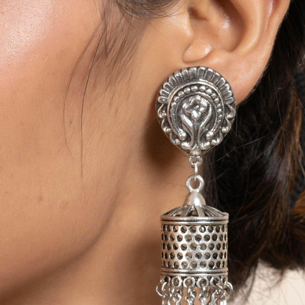 Elegant German Silver Floral Stud Designer Jhumka Earrings - Handmade & Oxidized Finish - Lookandadorn.com