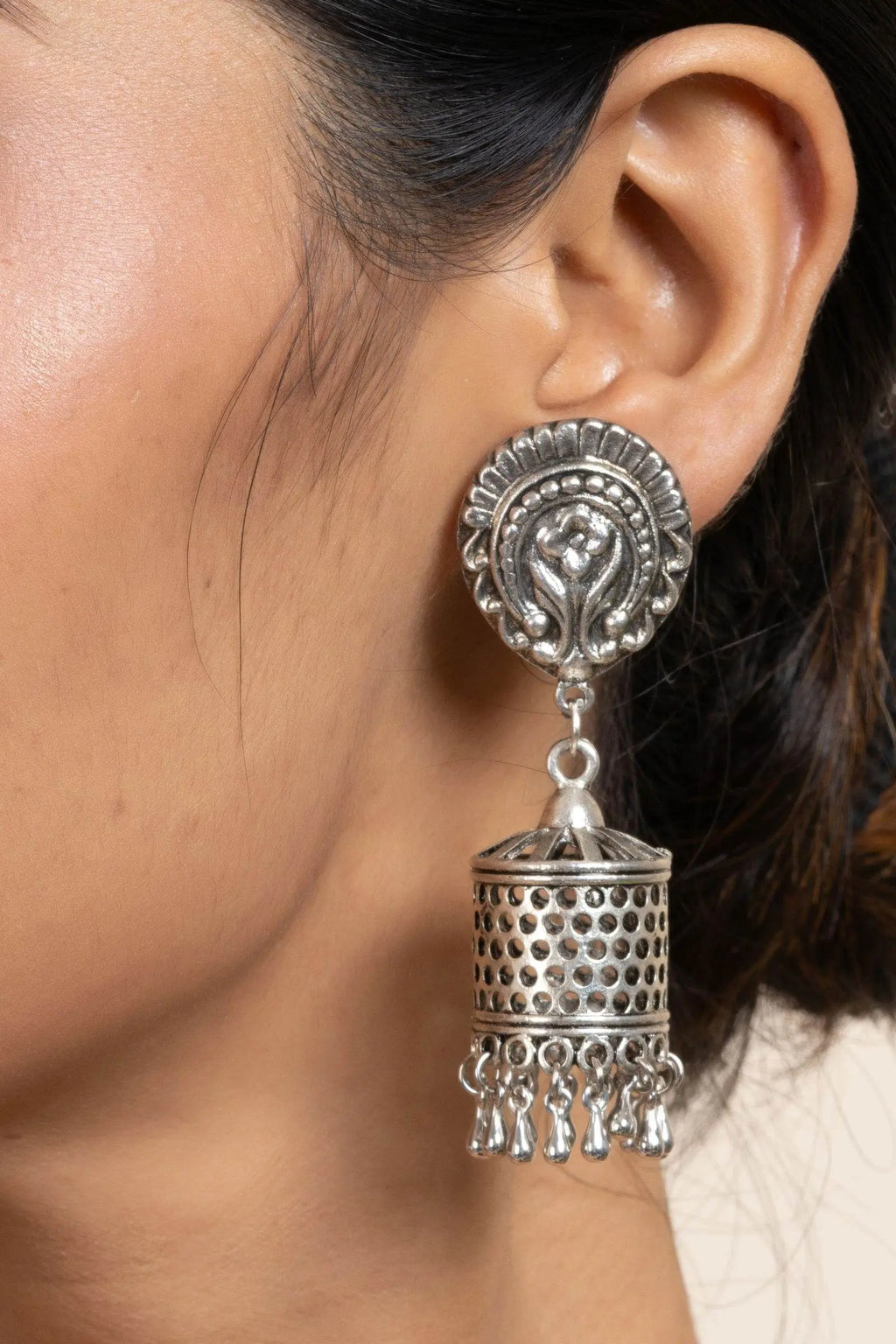 Elegant German Silver Floral Stud Designer Jhumka Earrings - Handmade & Oxidized Finish - Lookandadorn.com