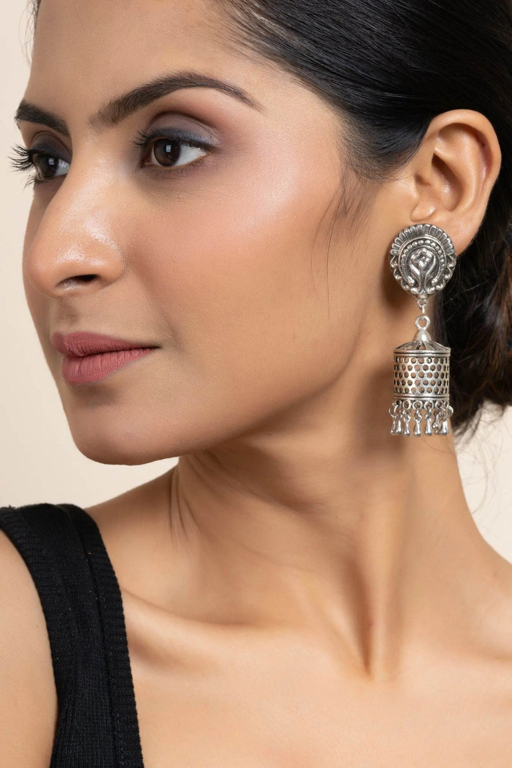 Elegant German Silver Floral Stud Designer Jhumka Earrings - Handmade & Oxidized Finish - Lookandadorn.com