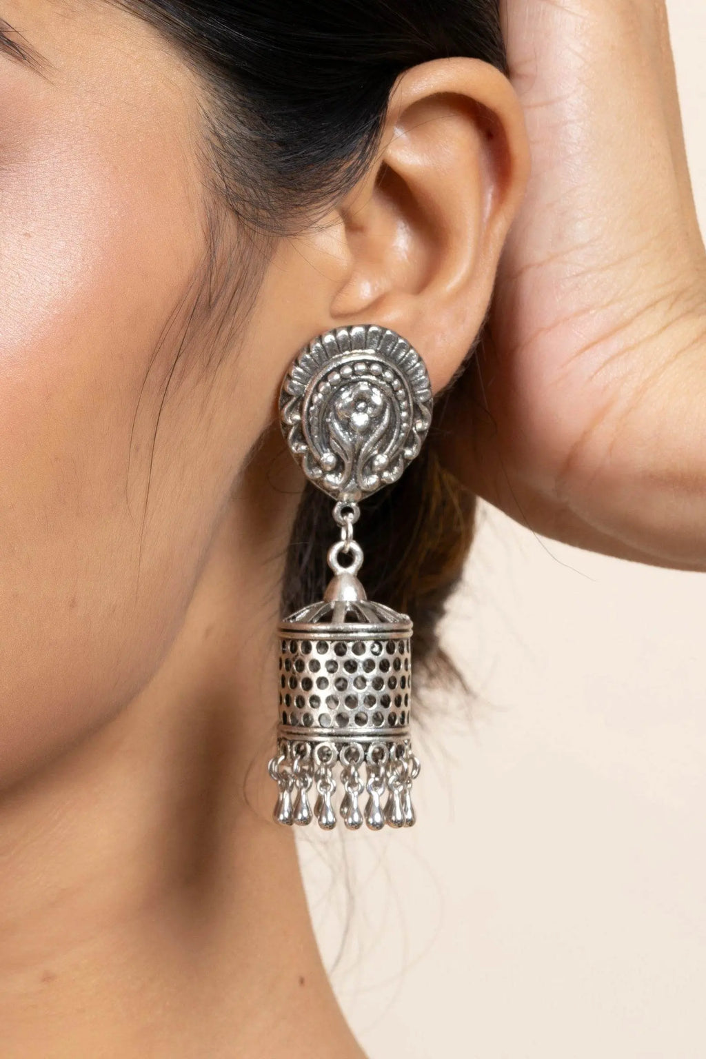 Elegant German Silver Floral Stud Designer Jhumka Earrings - Handmade & Oxidized Finish - Lookandadorn.com
