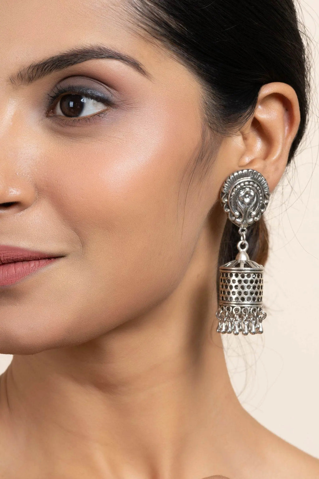 Elegant German Silver Floral Stud Designer Jhumka Earrings - Handmade & Oxidized Finish - Lookandadorn.com