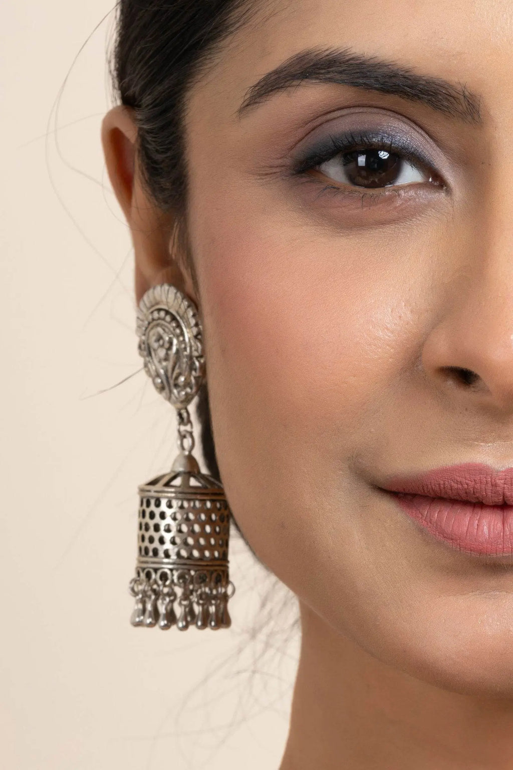 Elegant German Silver Floral Stud Designer Jhumka Earrings - Handmade & Oxidized Finish - Lookandadorn.com