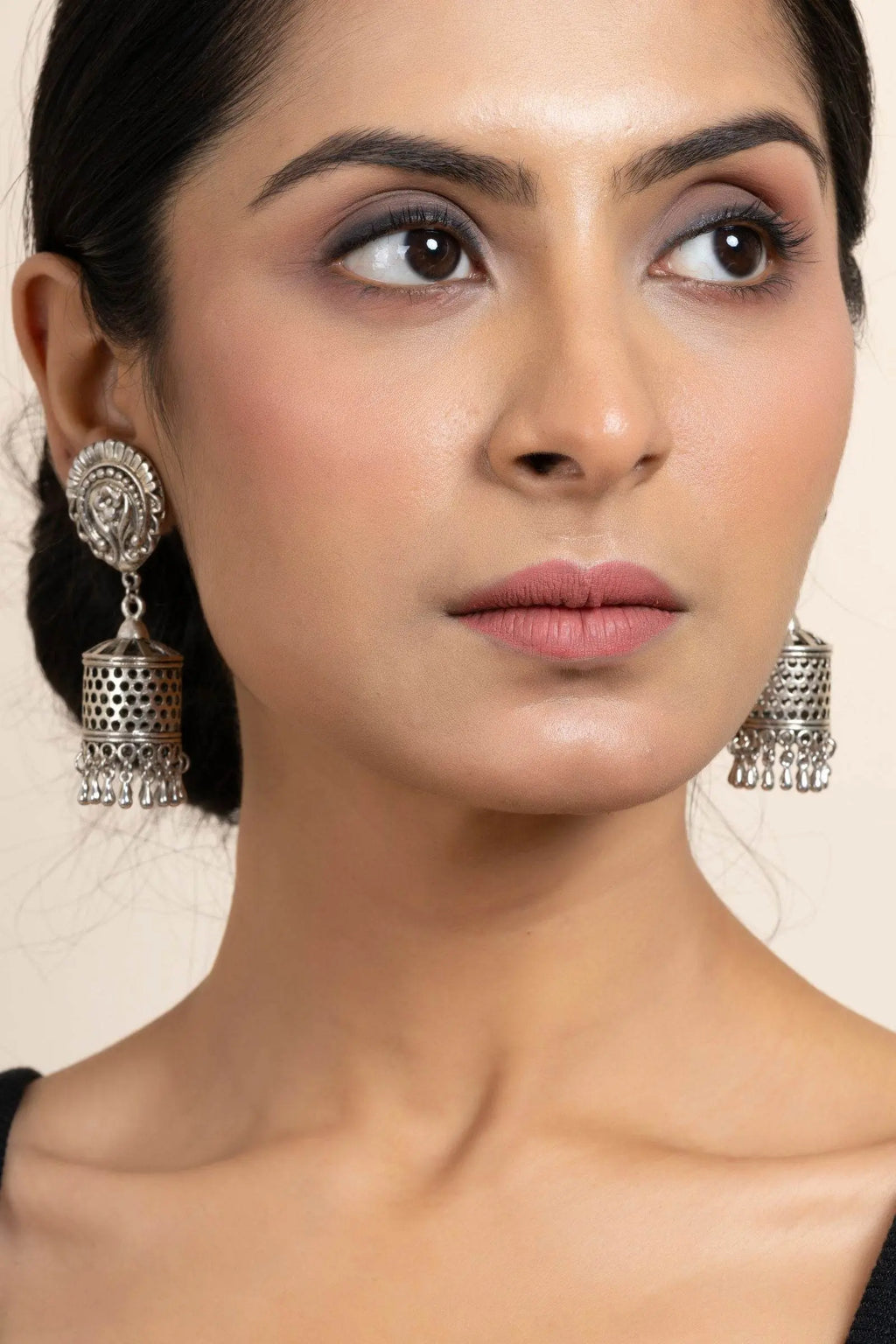 Elegant German Silver Floral Stud Designer Jhumka Earrings - Handmade & Oxidized Finish - Lookandadorn.com