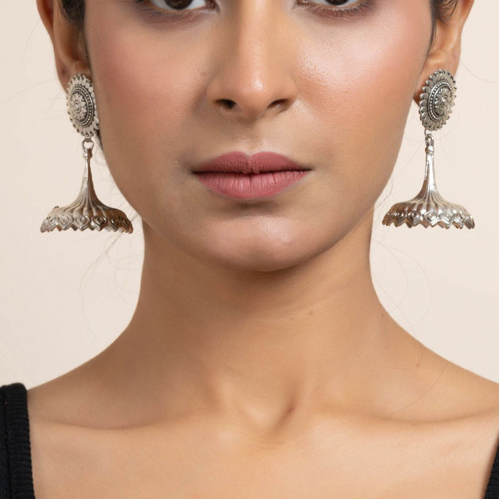 Handmade German Silver Floral Stud Jhumka Earrings - Oxidized Finish, Lightweight & Elegant Design - Lookandadorn.com