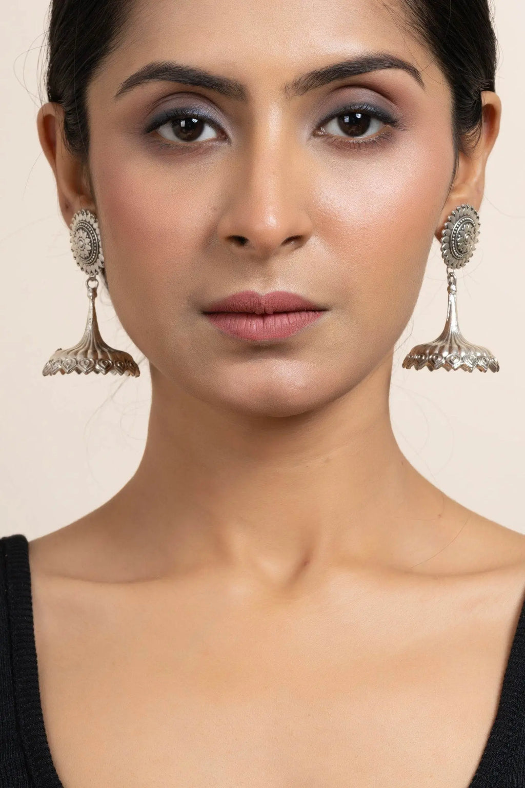 Handmade German Silver Floral Stud Jhumka Earrings