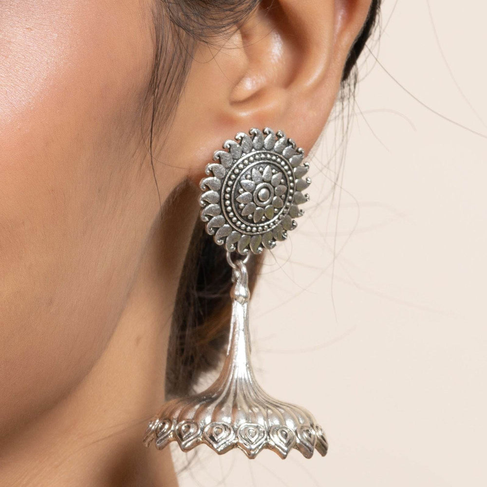Handmade German Silver Floral Stud Jhumka Earrings - Oxidized Finish, Lightweight & Elegant Design - Lookandadorn.com