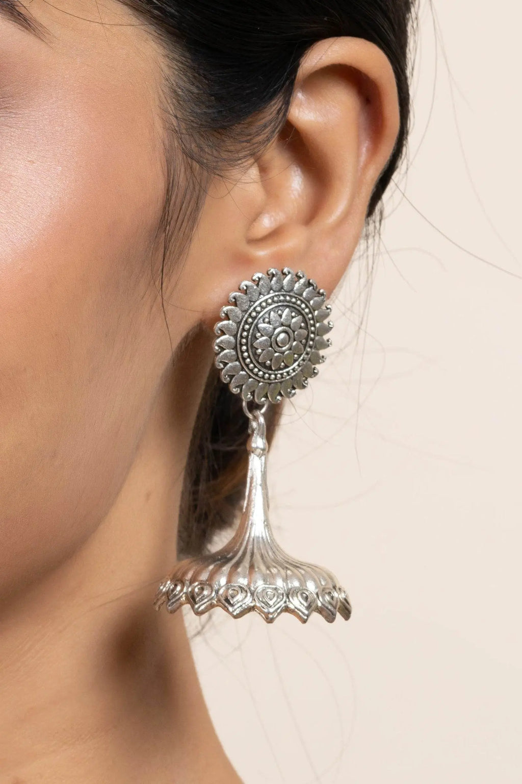 Handmade German Silver Floral Stud Jhumka Earrings - Oxidized Finish, Lightweight & Elegant Design - Lookandadorn.com