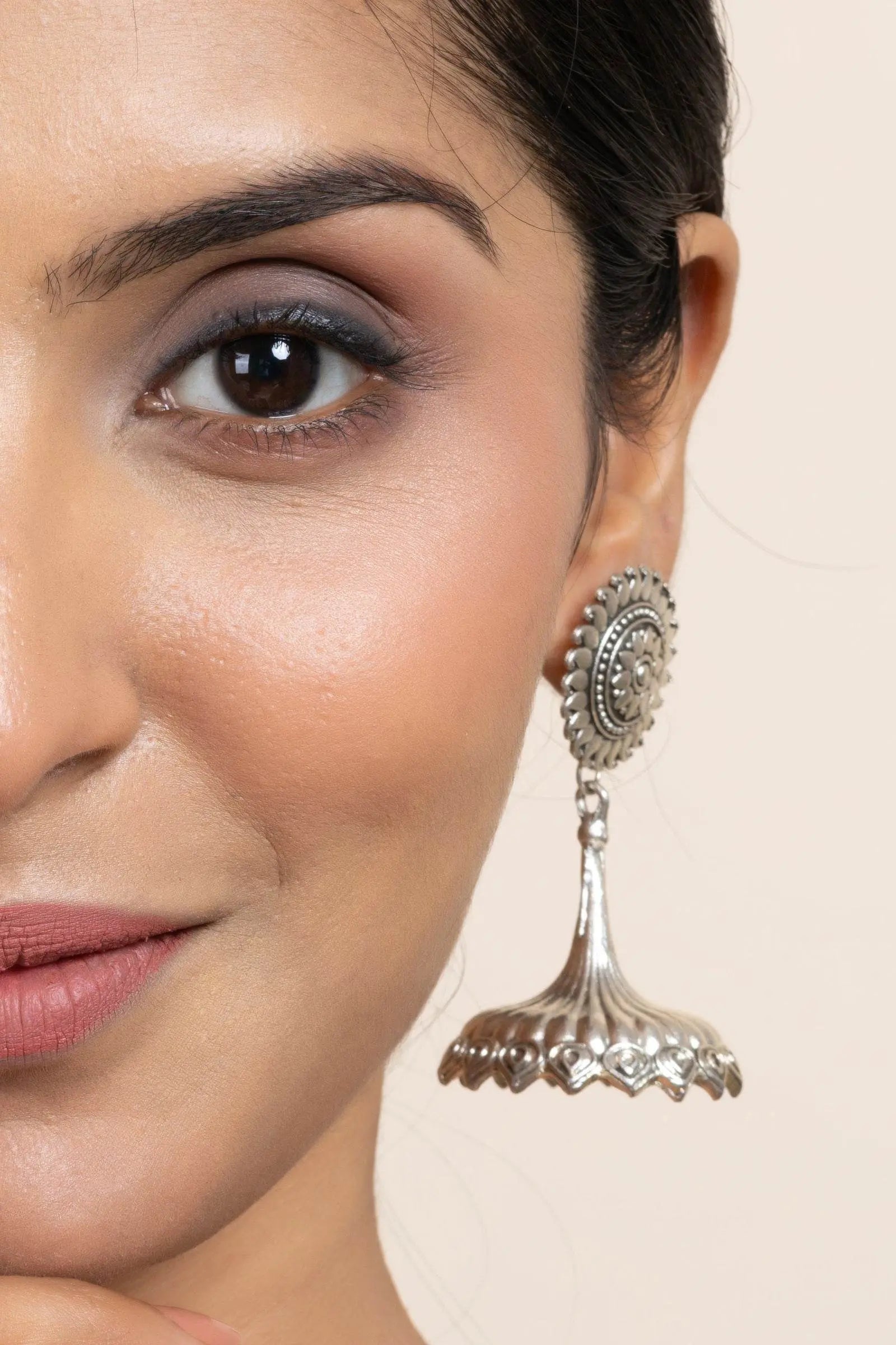 Handmade German Silver Floral Stud Jhumka Earrings - Oxidized Finish, Lightweight & Elegant Design - Lookandadorn.com