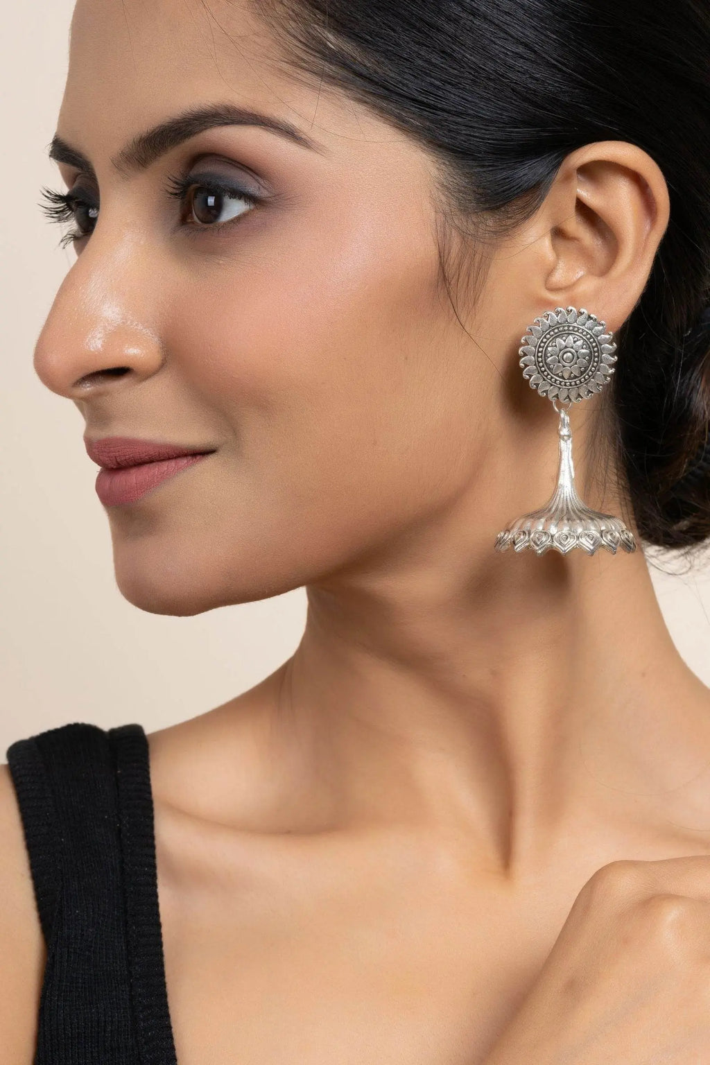Handmade German Silver Floral Stud Jhumka Earrings - Oxidized Finish, Lightweight & Elegant Design - Lookandadorn.com