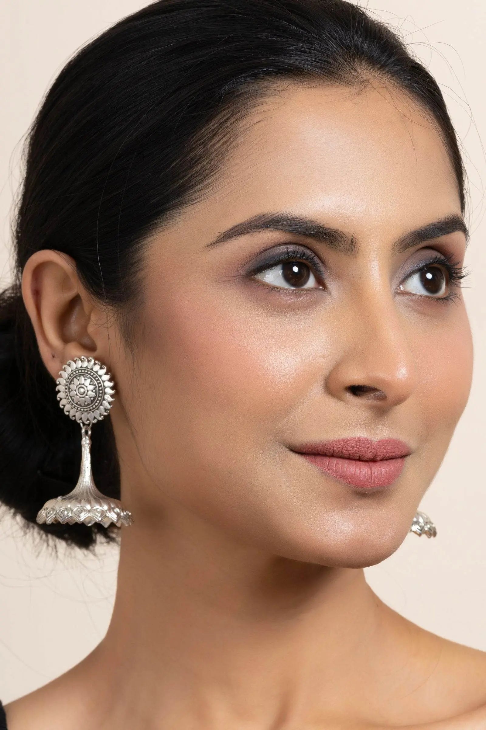 Handmade German Silver Floral Stud Jhumka Earrings - Oxidized Finish, Lightweight & Elegant Design - Lookandadorn.com