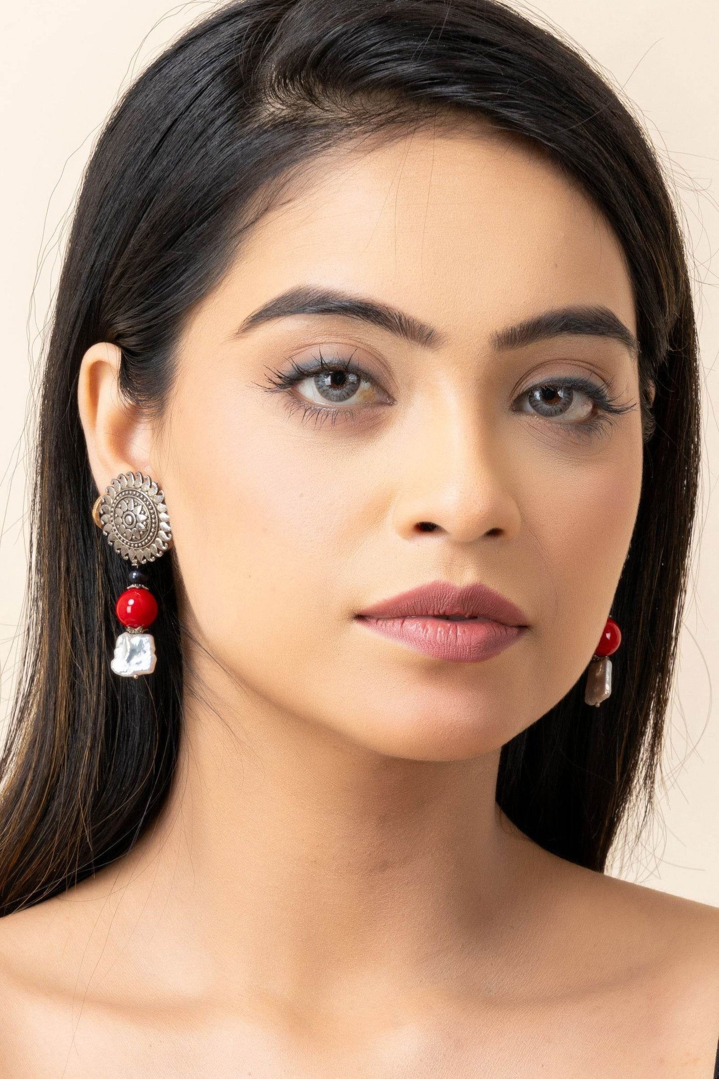German Silver Floral Stud Semi Precious Baroque Pearl Coral Earrings - Lookandadorn.com