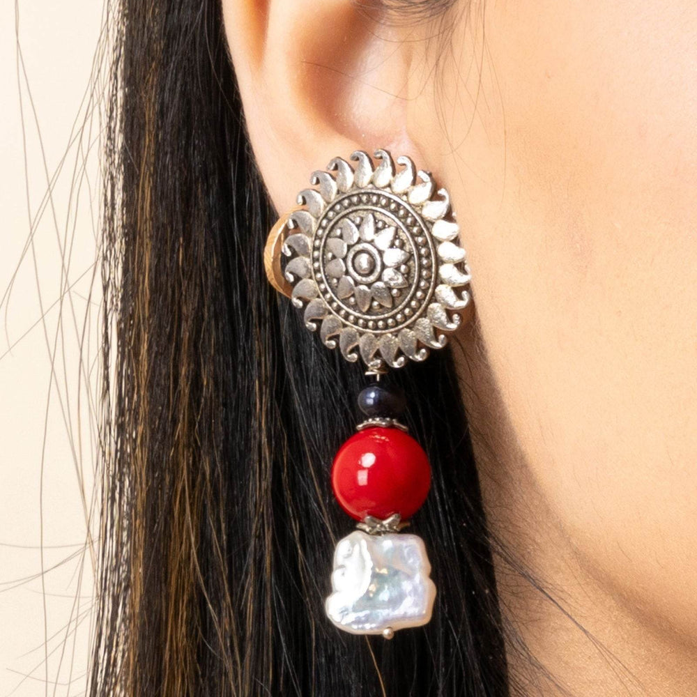 German Silver Floral Stud Semi Precious Baroque Pearl Coral Earrings - Lookandadorn.com