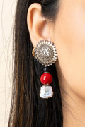German Silver Floral Stud Earrings with Baroque Pearl and Coral