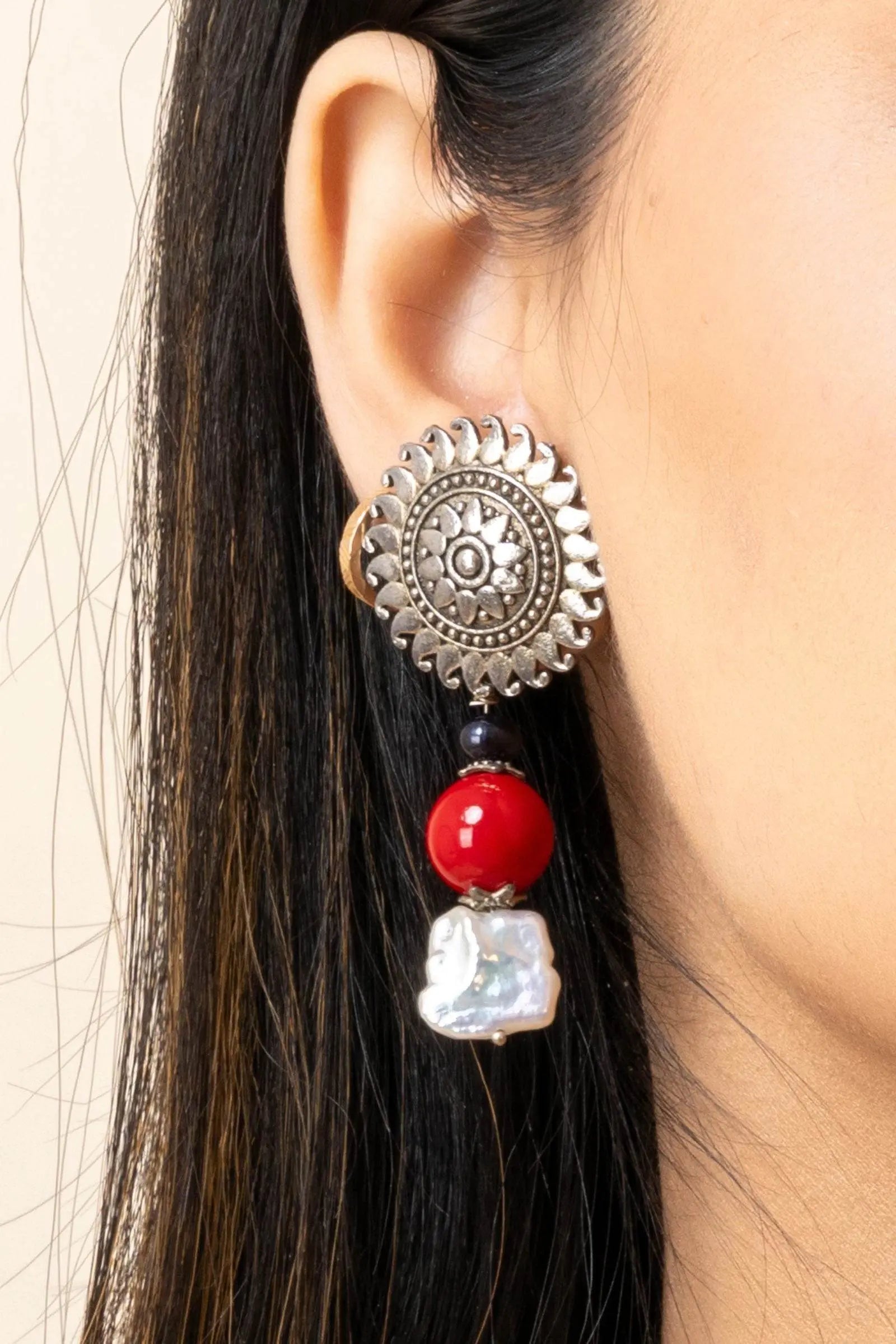 German Silver Floral Stud Earrings with Baroque Pearl and Coral