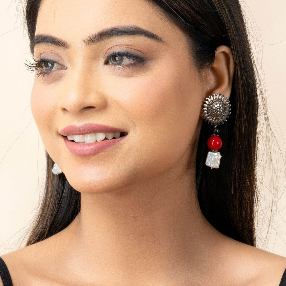 German Silver Floral Stud Semi Precious Baroque Pearl Coral Earrings - Lookandadorn.com