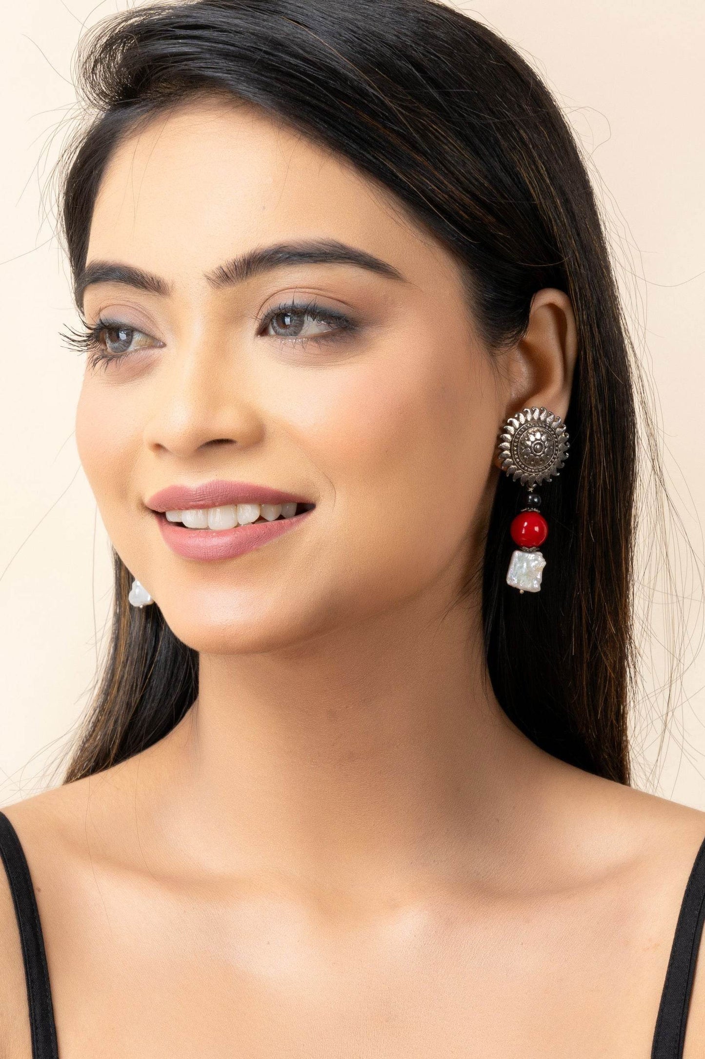 German Silver Floral Stud Semi Precious Baroque Pearl Coral Earrings - Lookandadorn.com