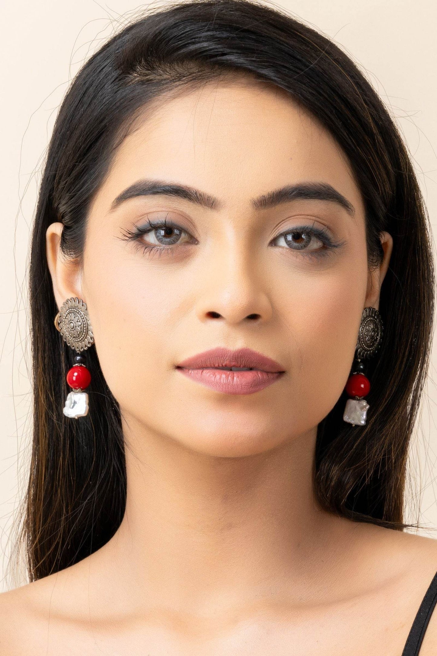 German Silver Floral Stud Semi Precious Baroque Pearl Coral Earrings - Lookandadorn.com
