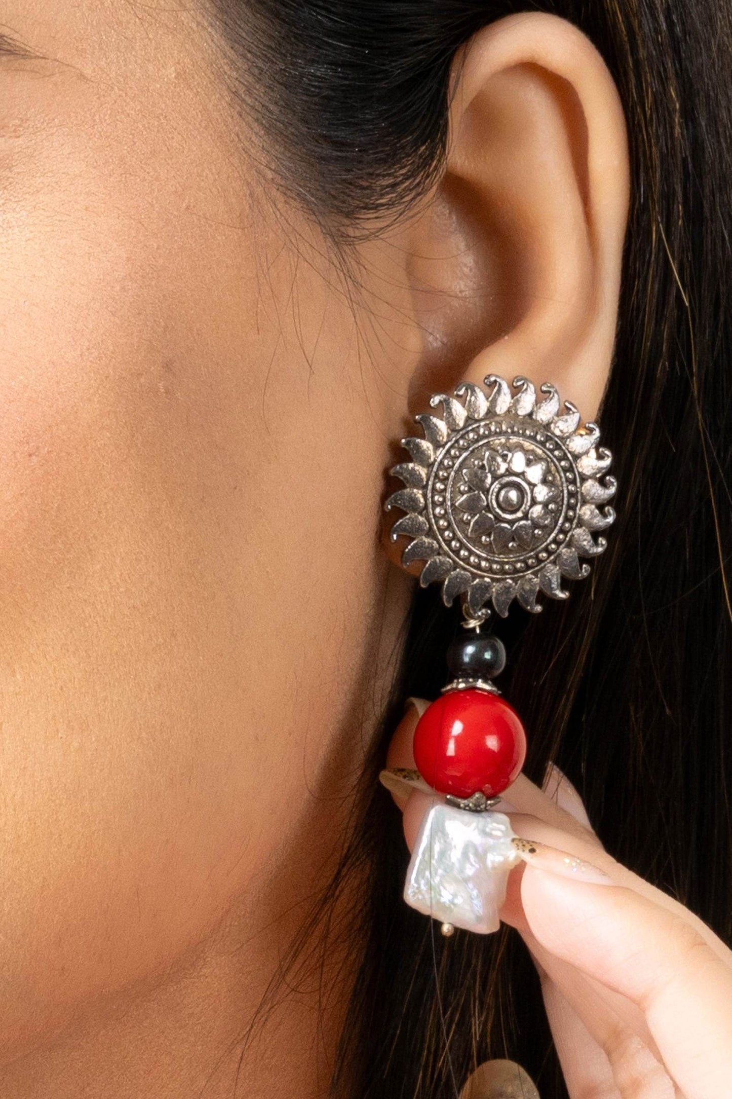 German Silver Floral Stud Semi Precious Baroque Pearl Coral Earrings - Lookandadorn.com