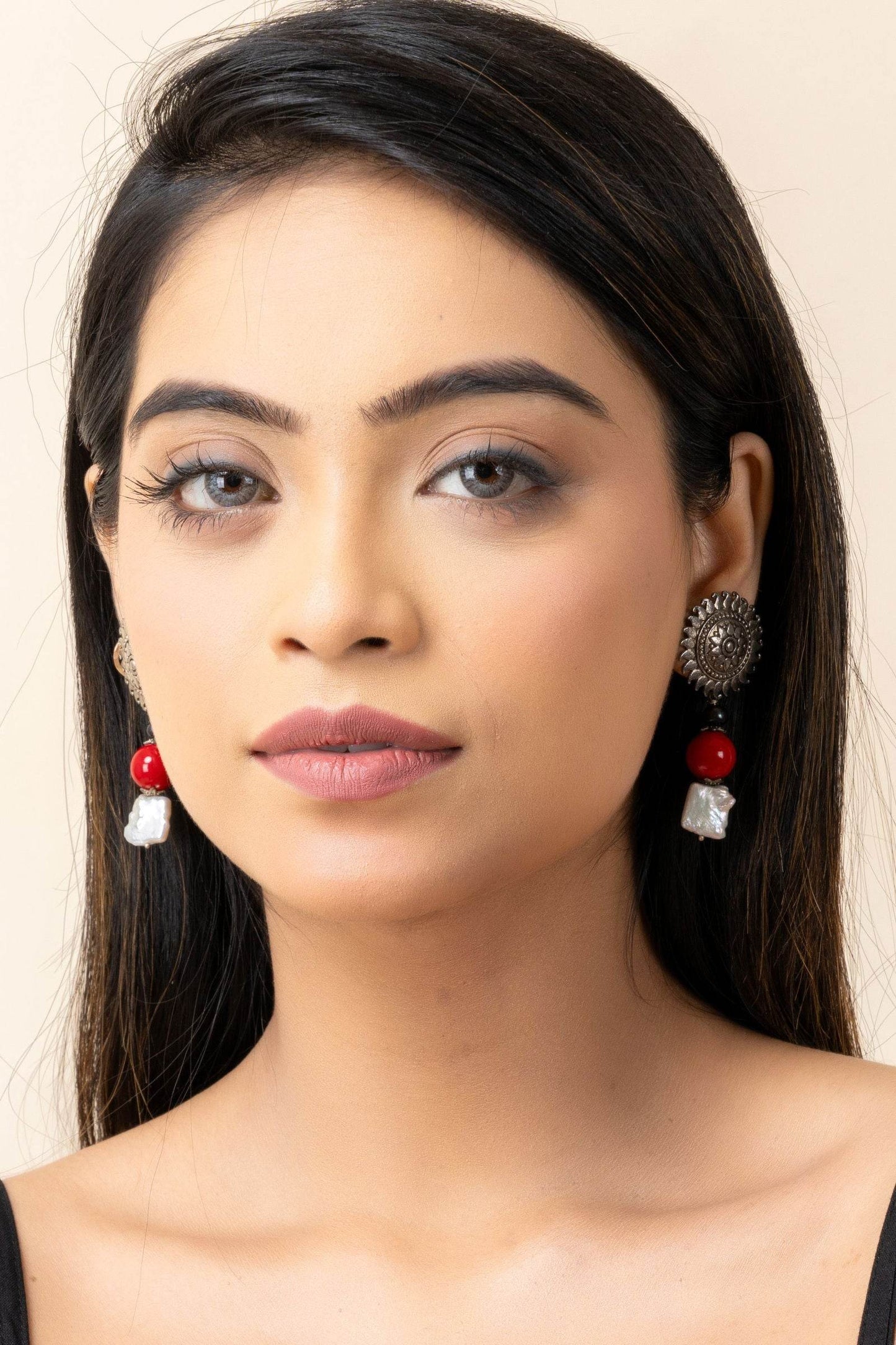 German Silver Floral Stud Semi Precious Baroque Pearl Coral Earrings - Lookandadorn.com
