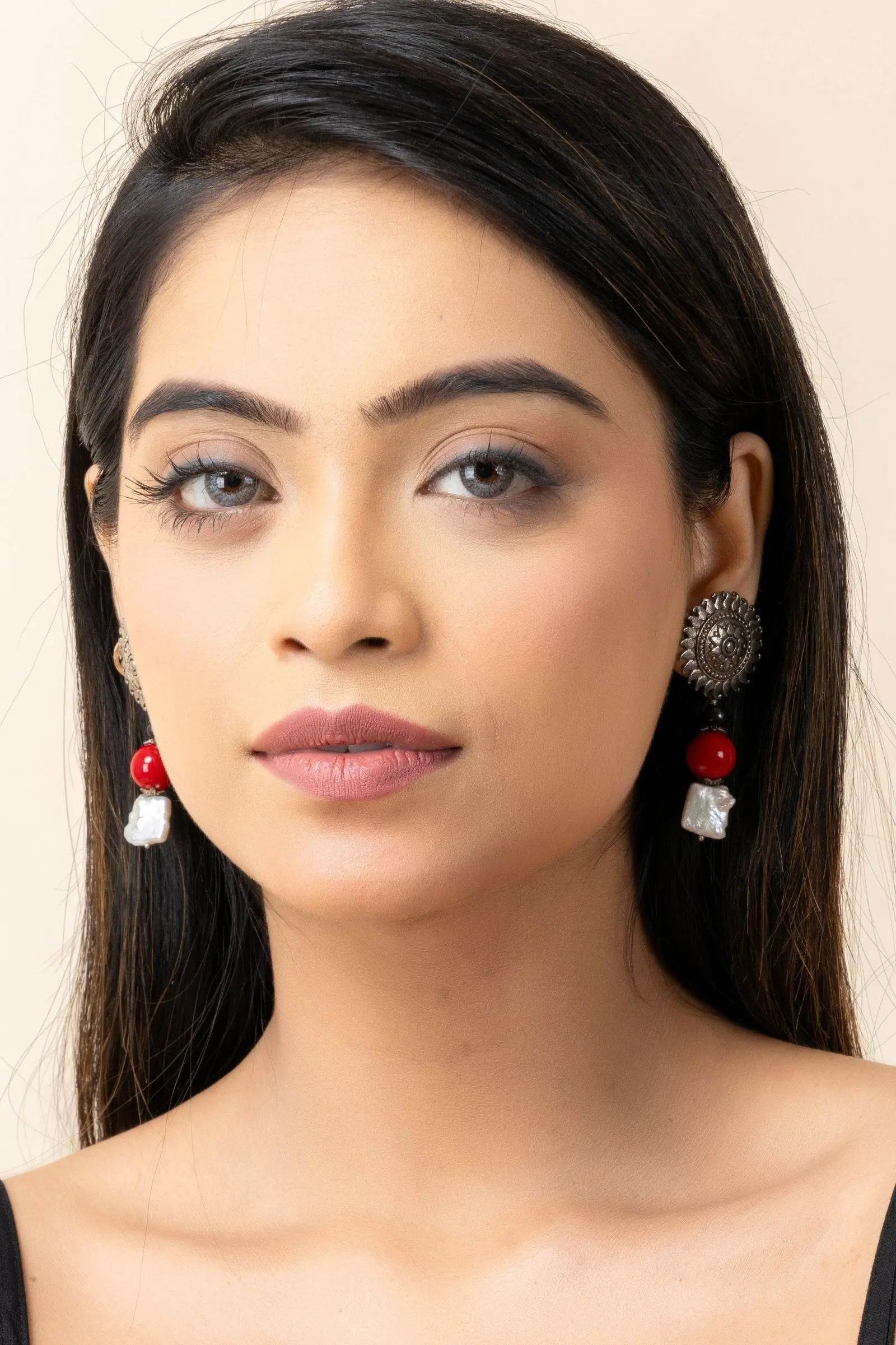German Silver Floral Stud Semi Precious Baroque Pearl Coral Earrings - Lookandadorn.com