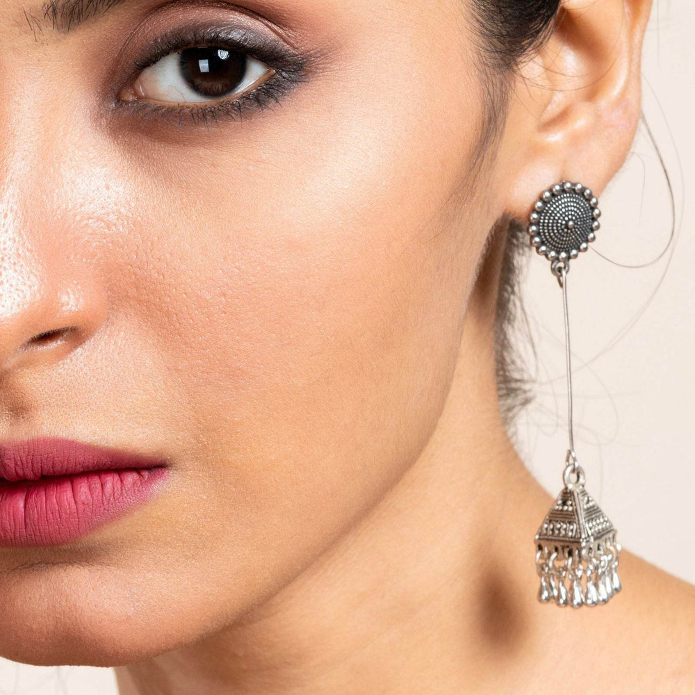 Handmade German Silver Floral Stud Triangular Jhumka Earrings - Oxidized Finish for Daily Wear - Lookandadorn.com