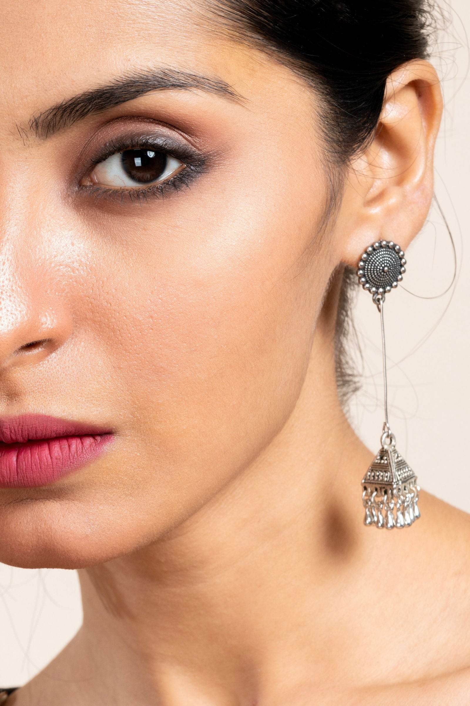 Handmade German Silver Floral Stud Triangular Jhumka Earrings - Oxidized Finish for Daily Wear - Lookandadorn.com