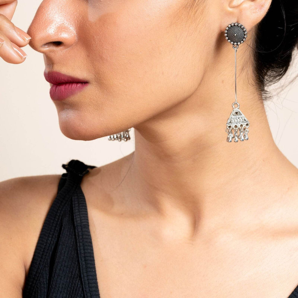 Handmade German Silver Floral Stud Triangular Jhumka Earrings - Oxidized Finish for Daily Wear - Lookandadorn.com
