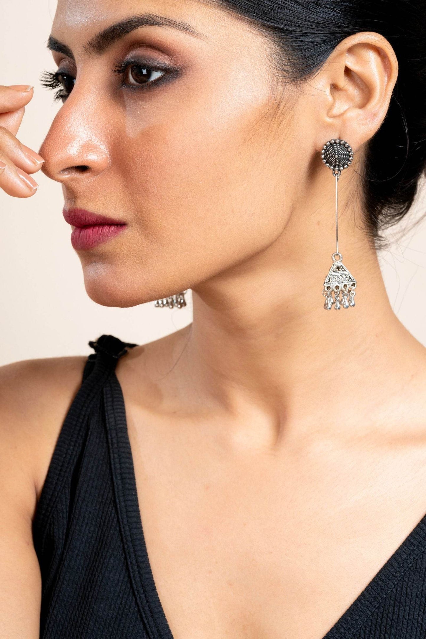 Handmade German Silver Floral Stud Triangular Jhumka Earrings - Oxidized Finish for Daily Wear - Lookandadorn.com
