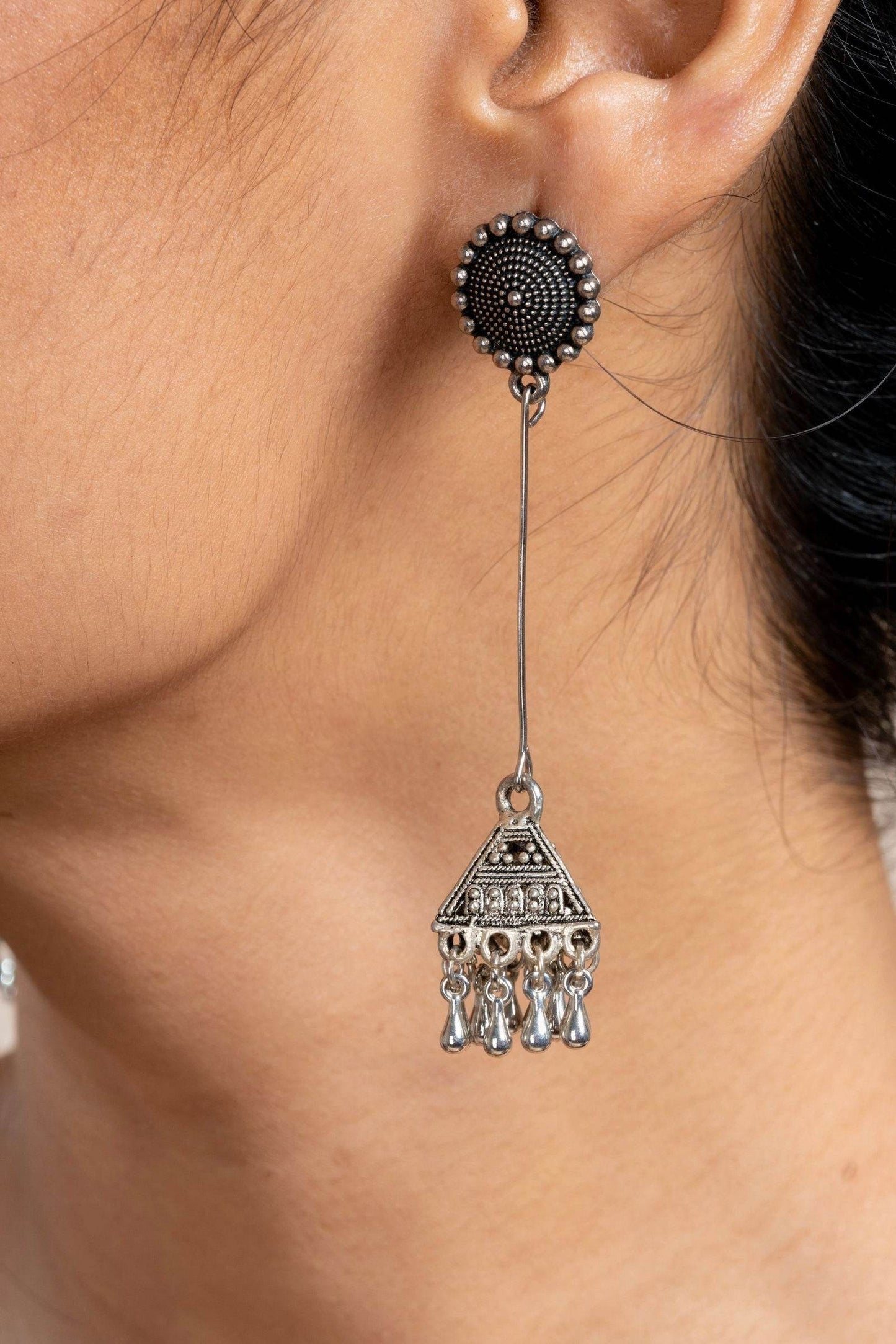 Handmade German Silver Floral Stud Triangular Jhumka Earrings - Oxidized Finish for Daily Wear - Lookandadorn.com