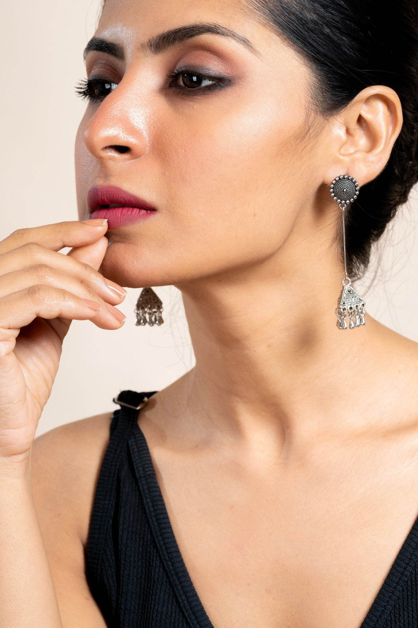 Handmade German Silver Floral Stud Triangular Jhumka Earrings - Oxidized Finish for Daily Wear - Lookandadorn.com