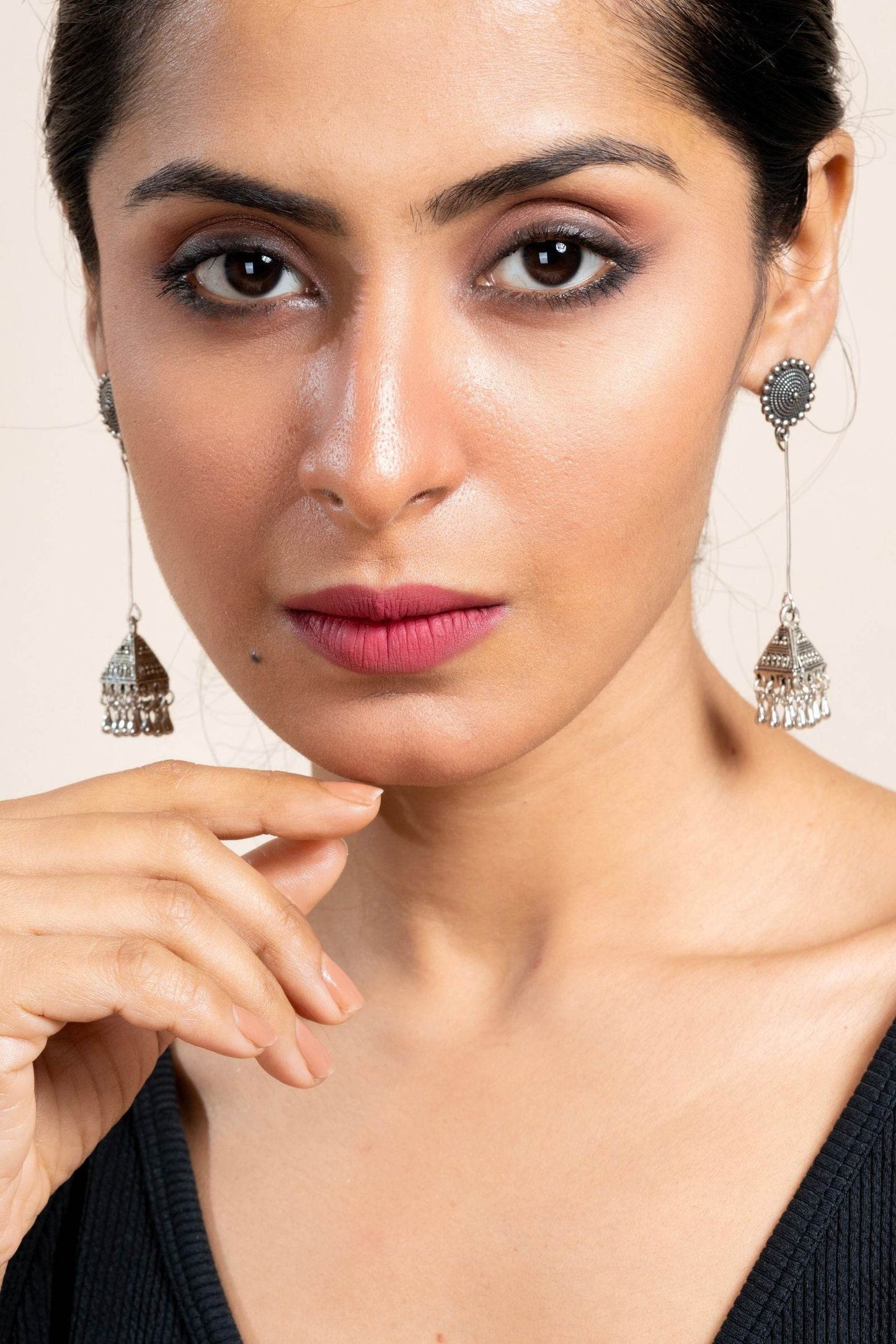 Handmade German Silver Floral Stud Triangular Jhumka Earrings - Oxidized Finish for Daily Wear - Lookandadorn.com