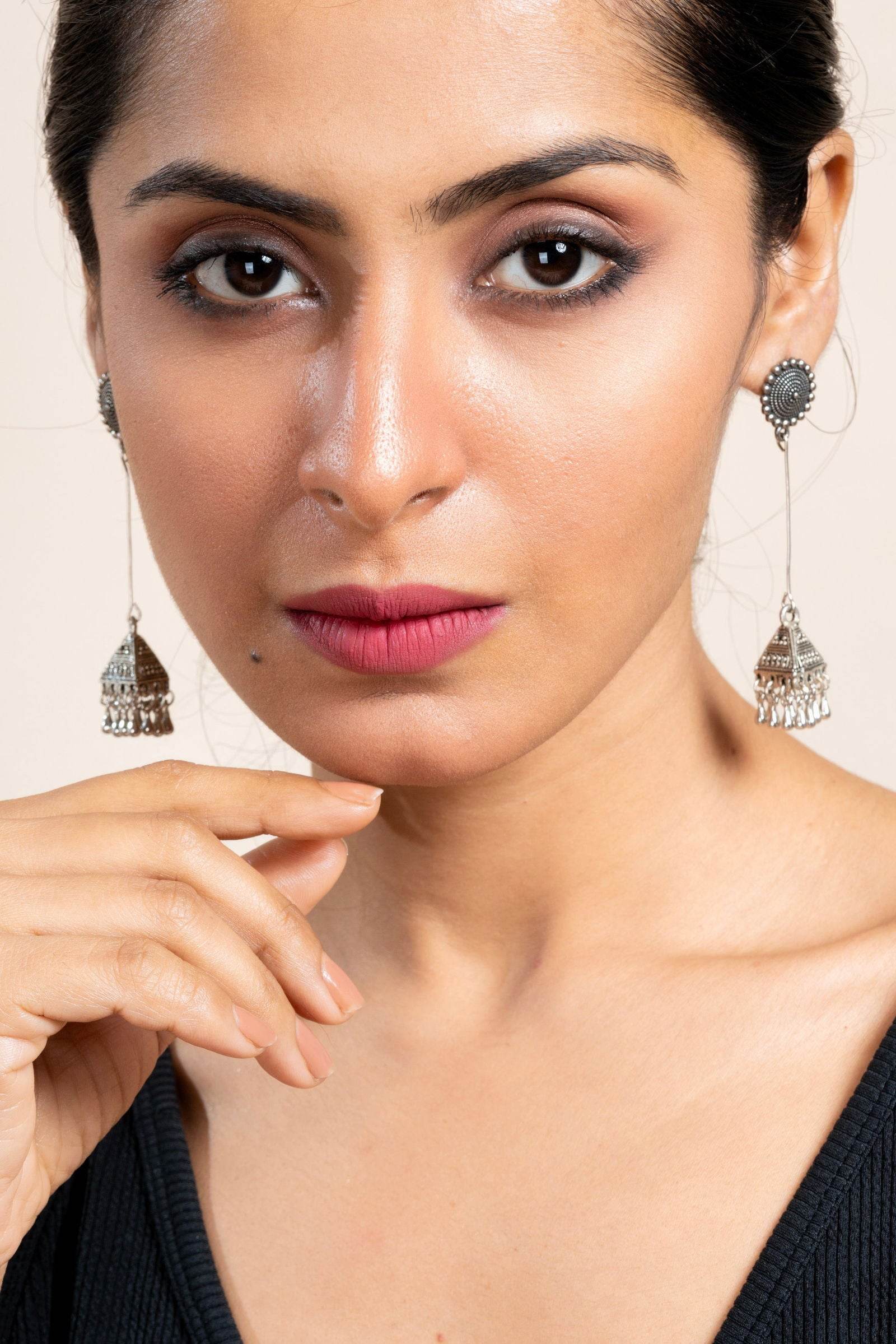 Handmade German Silver Floral Stud Triangular Jhumka Earrings - Oxidized Finish for Daily Wear - Lookandadorn.com