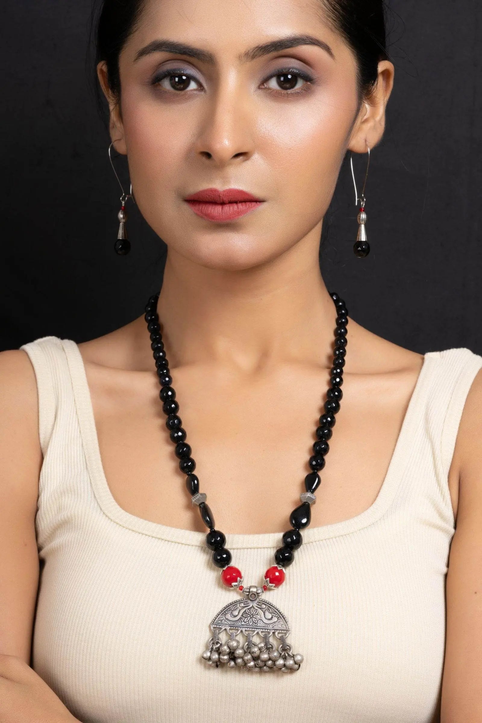 Handmade German Silver Ghungroo Pendant With Red Black Onyx Stones Jewelry Sets - Lookandadorn.com