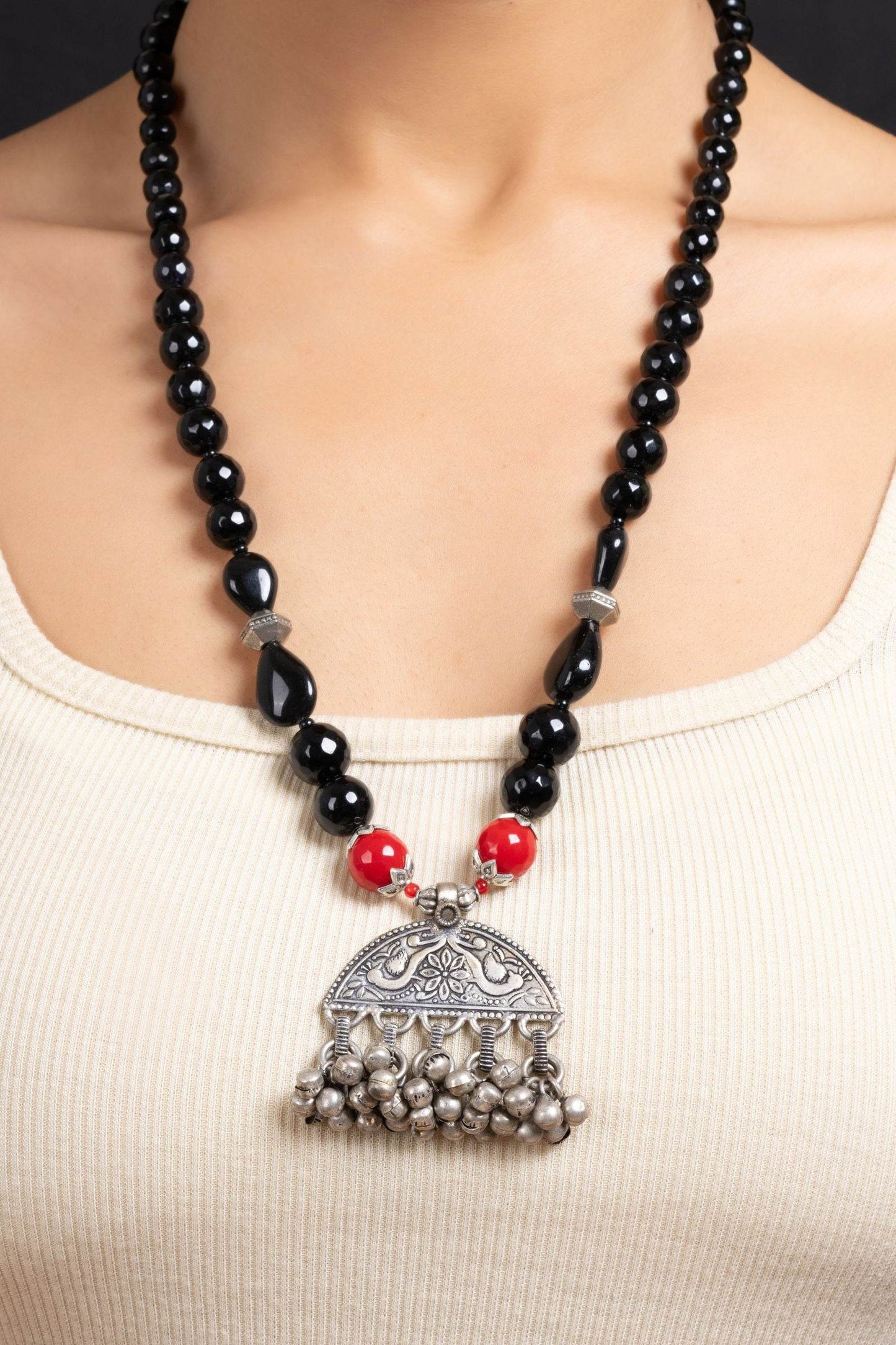 Handmade German Silver Ghungroo Pendant With Red Black Onyx Stones Jewelry Sets - Lookandadorn.com