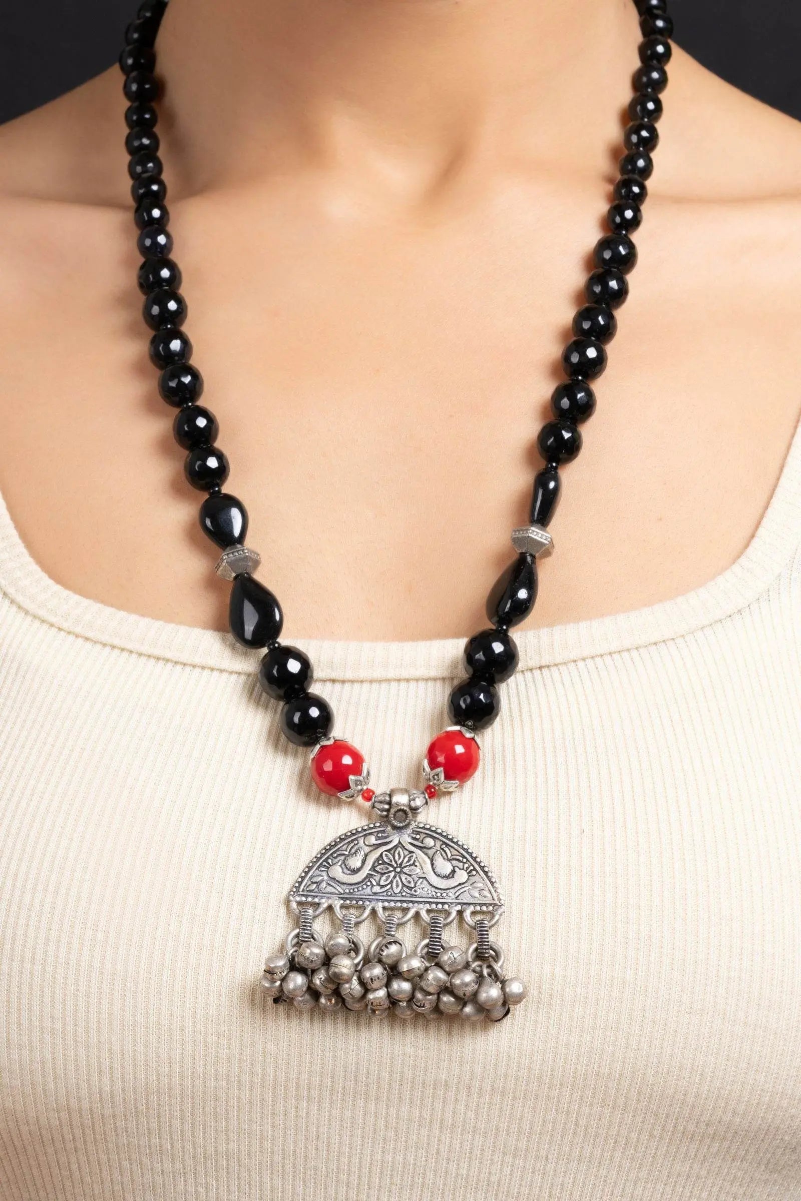 Handmade German Silver Ghungroo Pendant With Red Black Onyx Stones Jewelry Sets - Lookandadorn.com